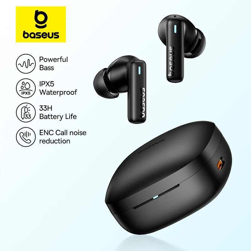 Fones Baseus Bluetooth 5.3: Graves Potentes, Conforto e 33h de Bateria!